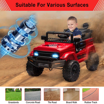 Hetoy Electric Car For Kids, 12V Ride On Truck Car With Remote Control Spring Suspension, Led Lights, Music, 3 Speeds
