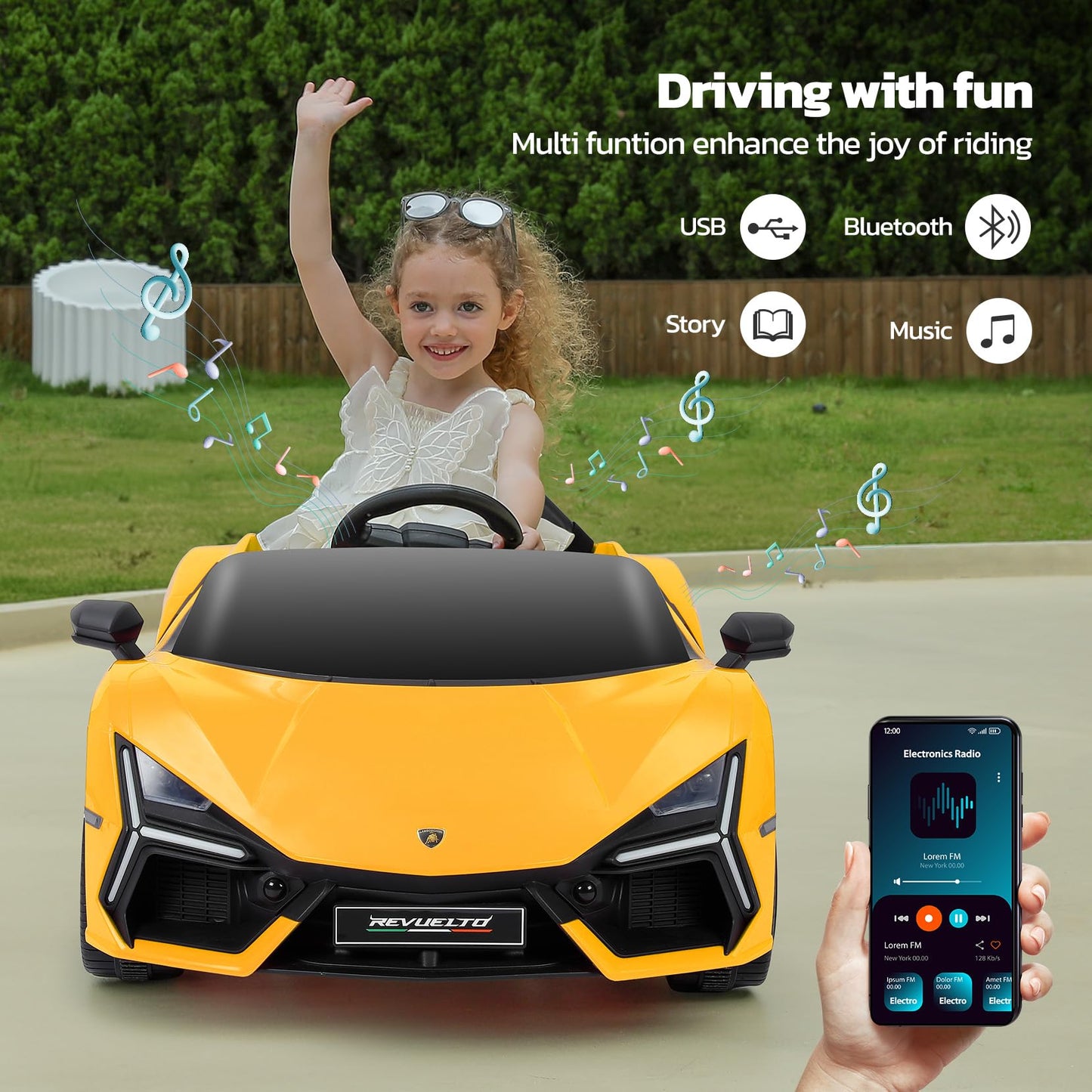 Elemara Lamborghini Electric Vehicle With Scissor Door,Kids Cars To Drive With Remote Control,12V Ride On Toys With Led Light,Bluetooth,Mp3 Player And Wide Seat(Yellow)