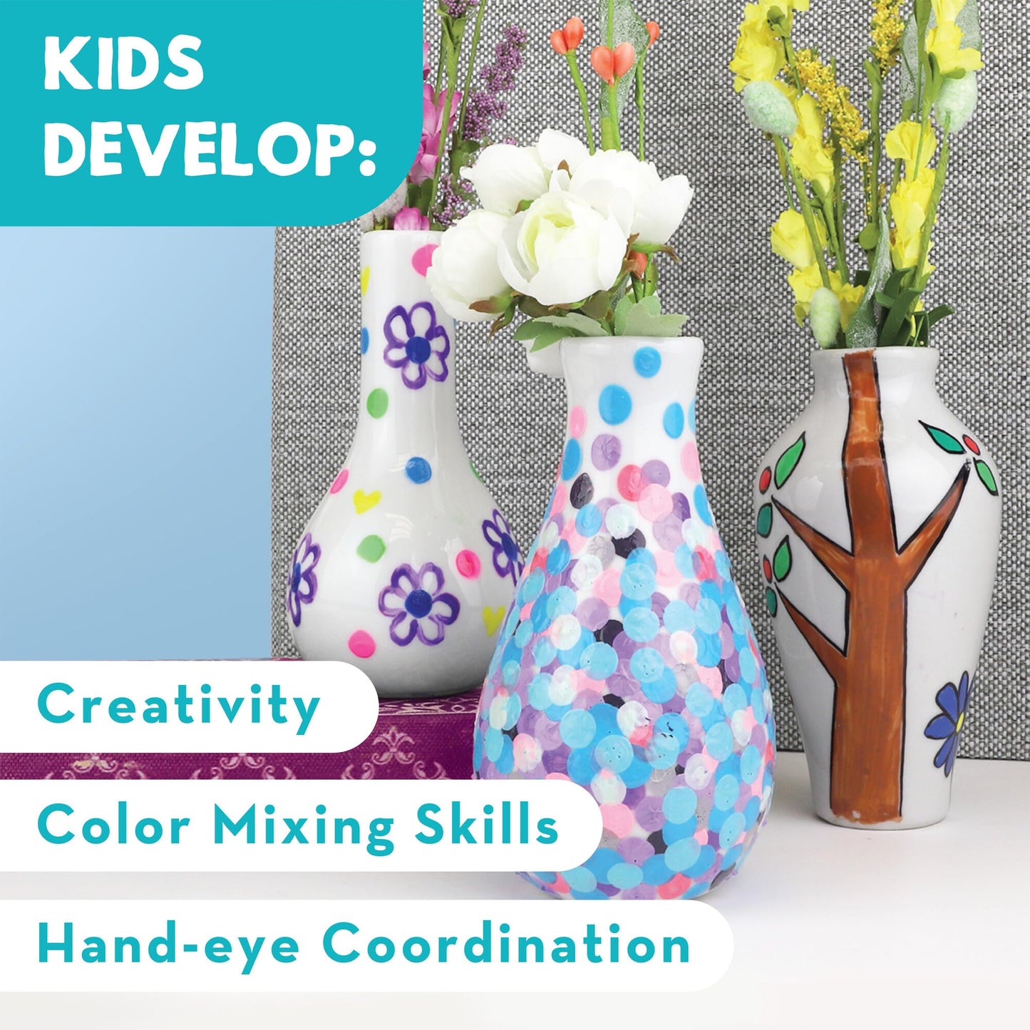 MindWare Paint Your Own Vases Craft Kit - 16 Piece Set, 3 Porcelain Vases, 12 Paint Colors, Multicolor