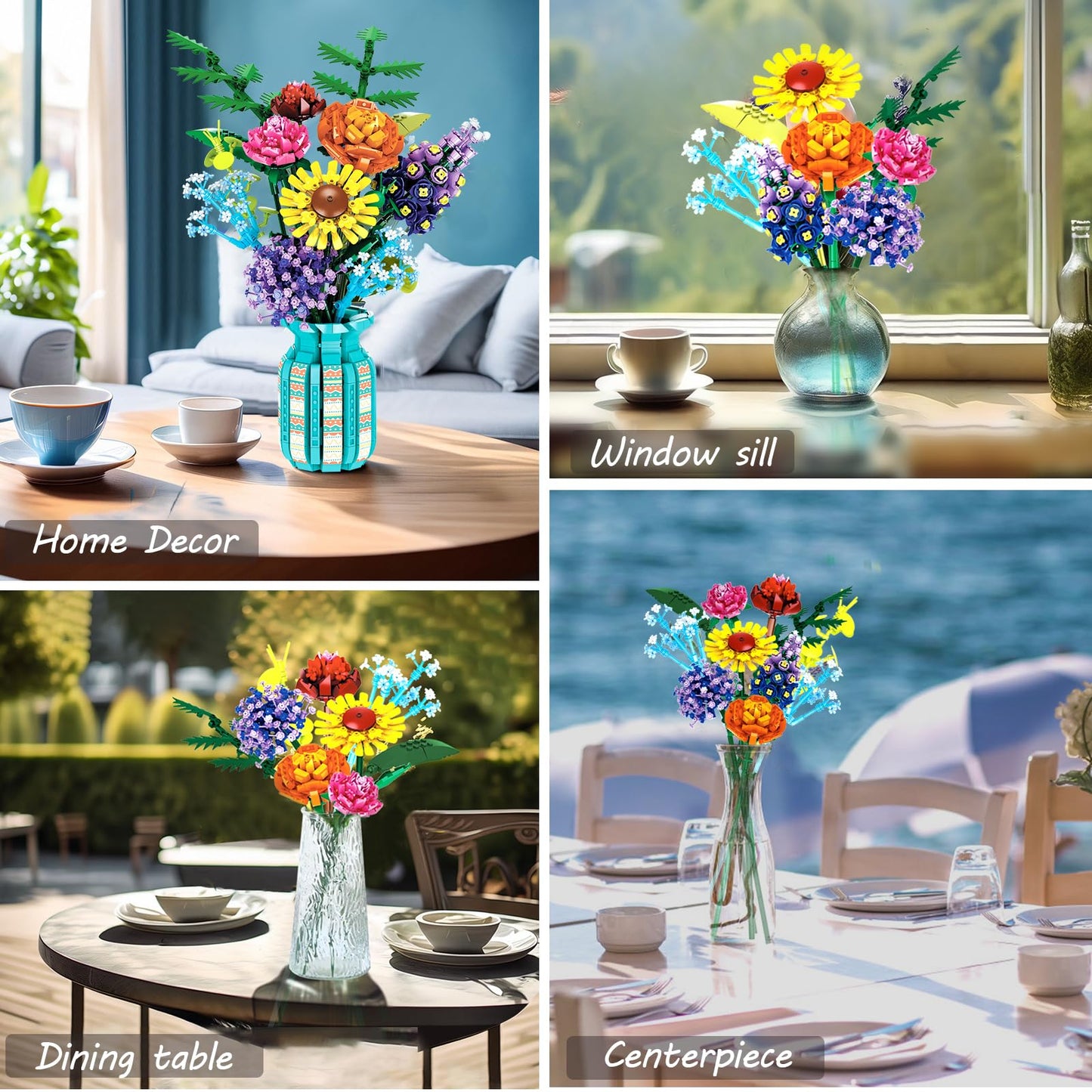 Flowers Bouquet Building Set With Vase, 10 Kinds Of Botanical Collection Including Sunflower, Baby'S Breath, Rose, Compatible Wi
