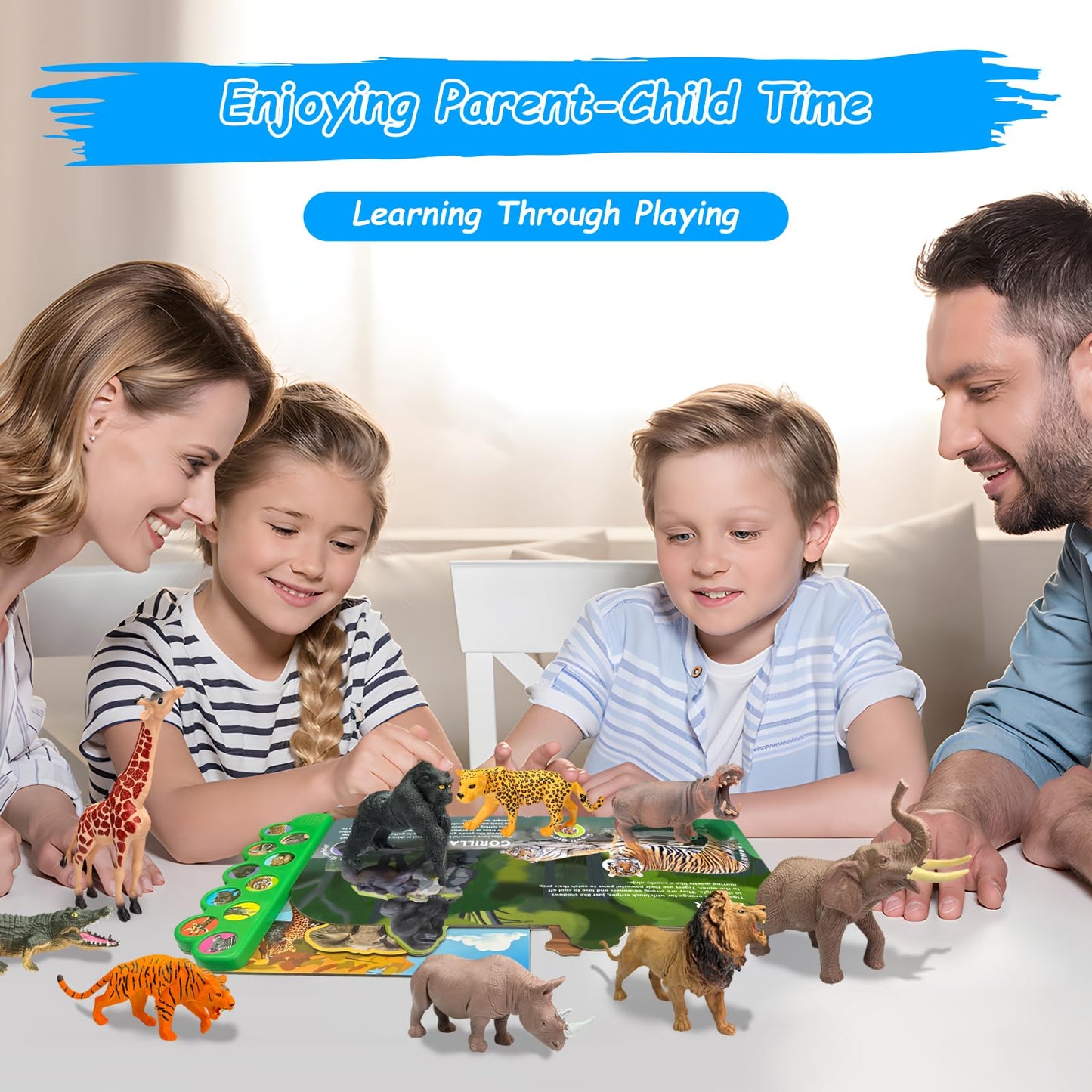 Igratens Safari Animals Figures Toys With Sound Books, 10Pcs Realistic Jungle Animals Figures & Safari Animals Book With 10 Butt
