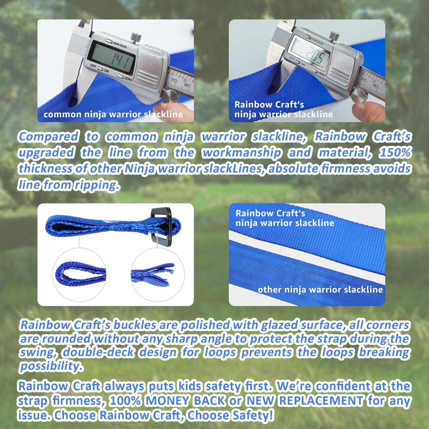 Rainbow Craft 50Ft Ninja Warrior Obstacle Course For Kids - Ninja Warrior Slackline, 12 Removable Buckle Loops, 12 Ninja Attachm