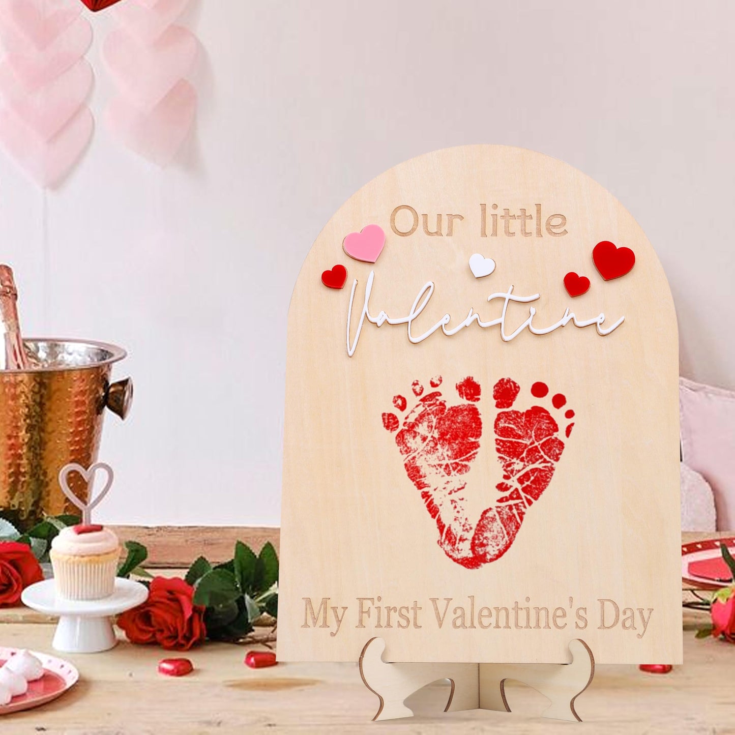 My First Valentine Footprint Wood Board - Our Little Valentine Wood Sign Milestone, Baby Footprint Wood Craft, First Valentine K