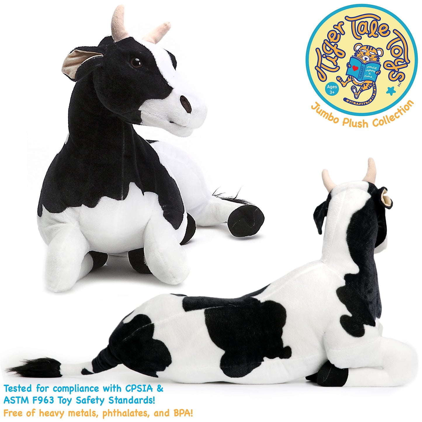 TigerHart Big Stuffed Animal Plush - Milhouse The Cow, 27.5" - Black, White & Cream, Foam Skull Material