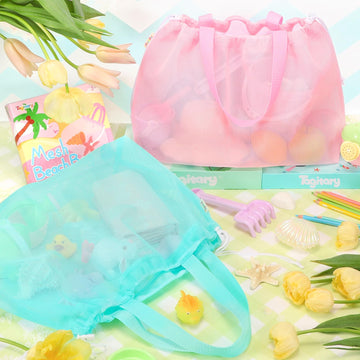 Tagitary Beach Toys Kids Beach Bag Tote with Drawstring, Pink Blue Mesh Bag Travel Beach Essentials for Kids Swim Pool Gym Bag C