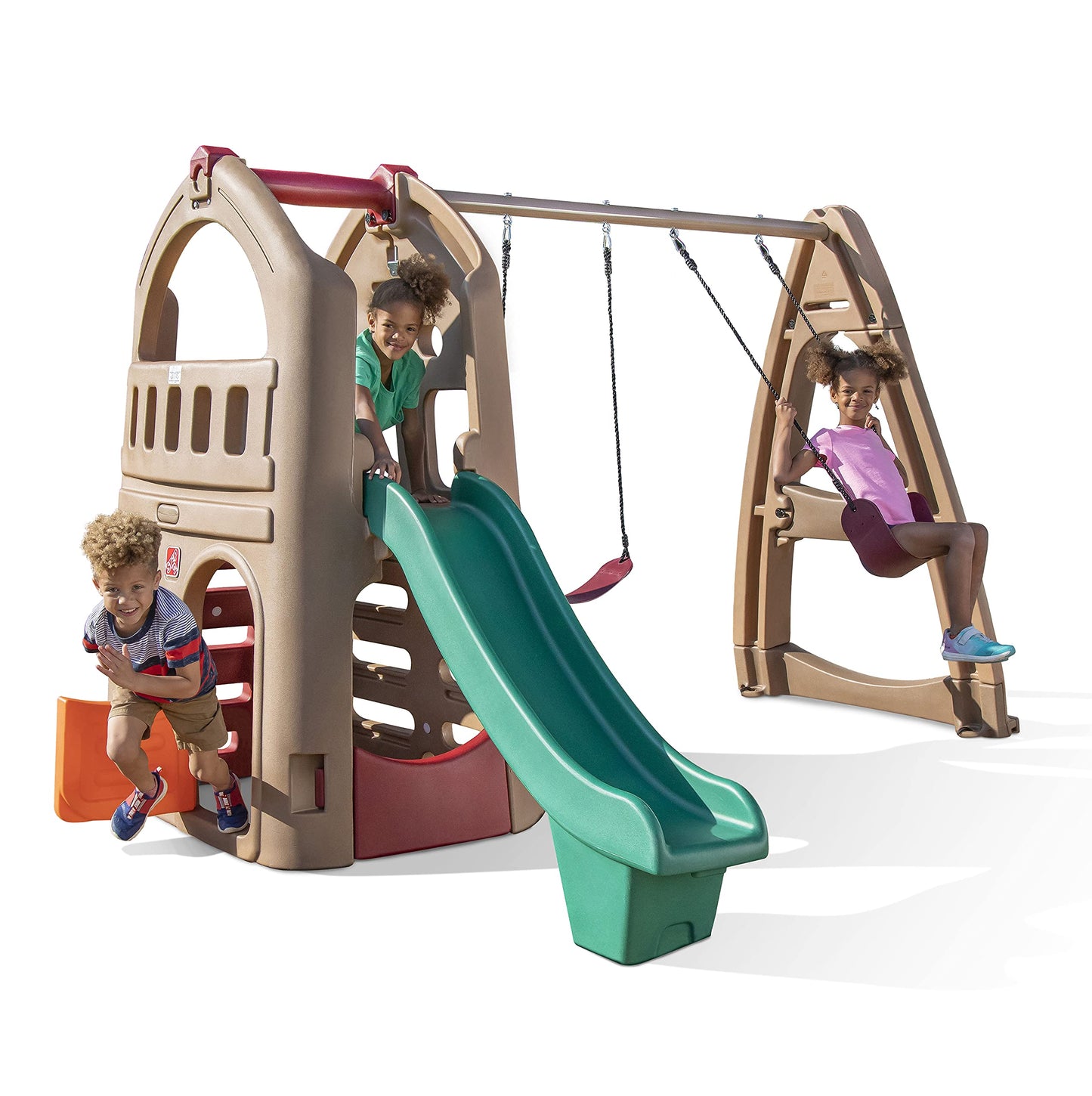 Step2 Naturally Playful Adventure Lodge Play Center With Glider, Kids Outdoor Playset, Two Tier Backyard Playground Set, Slide, Swings, Outside Jungle Gym, For Children 3-8 Years Old