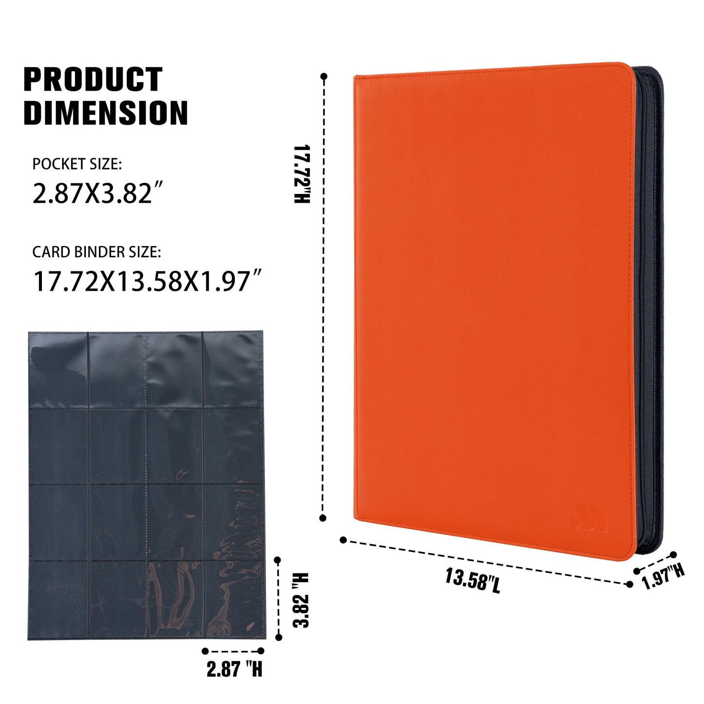 MORABTO enhanced 1000+ Pockets Card Binder 16 Pockets Card Binder Ringless Side Loading Trading Card Album Folder for TCG -Dark Orange