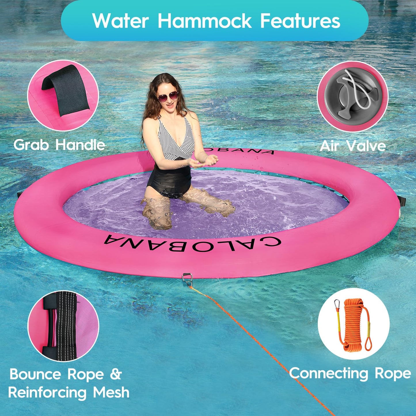 CALOBANA 8ft Round Inflatable Dock, Heavy Duty Water Hammock Floating Ring Island Platform Lake Raft for Adults Party Tanning Po