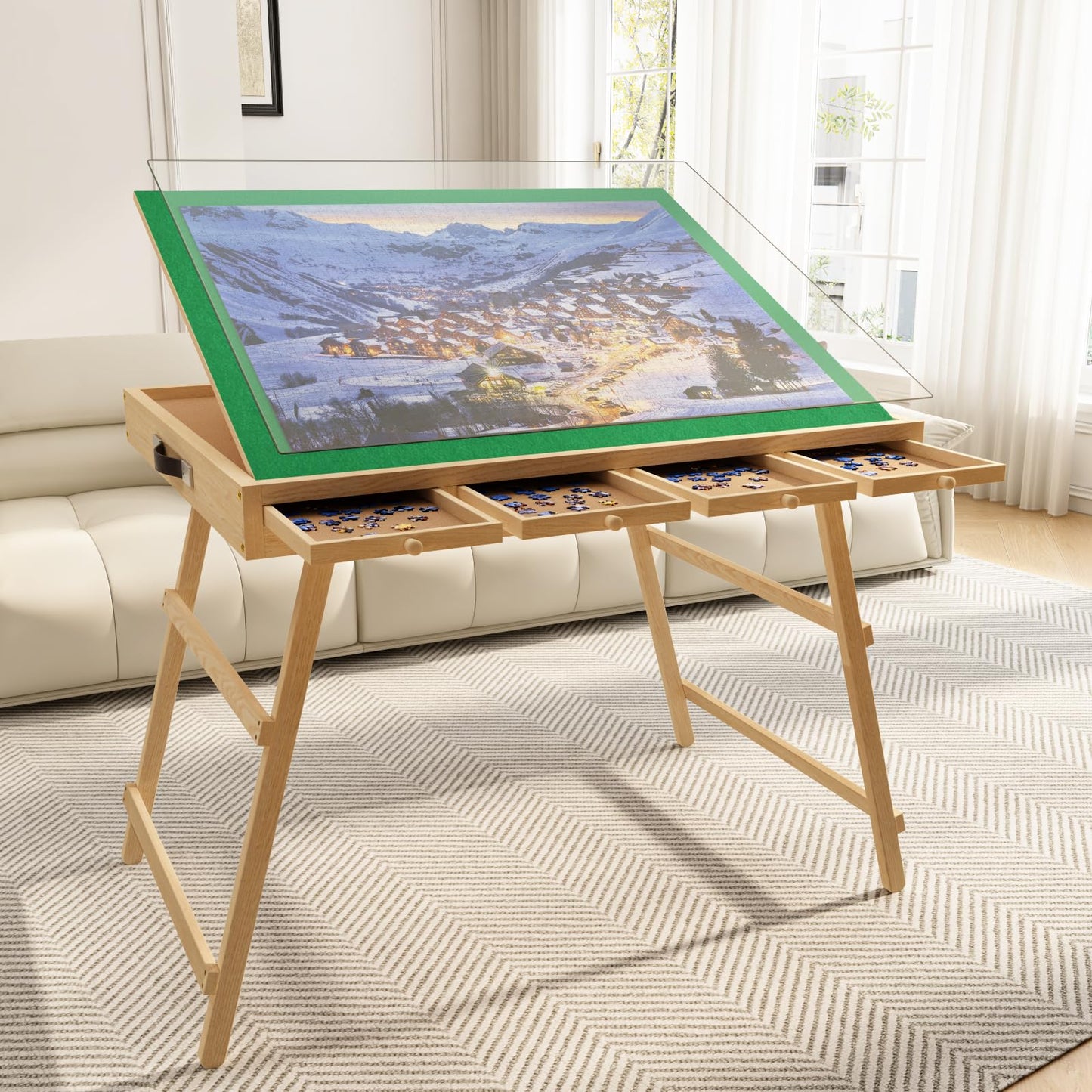 upvercy 3-in-1 Folding & Tilting & High Puzzle Board with 4 Drawers, 1500 Pieces 27.7 H Tall Puzzle Table with Protective Cover