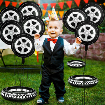 14 Pcs Car Decorations Racing Cars Birthday Party Supplies 4 Tire Tube Swim Ring Inflatable Tire Floats For Pool With 10 Balloons 18 Inch Race Balloons For Birthday Party (Wheel Style)