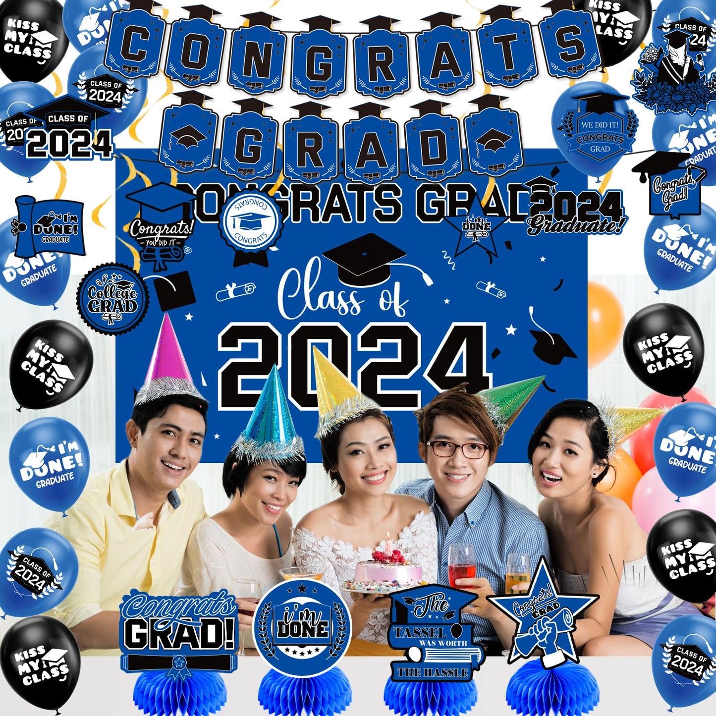 Graduation Decorations Class Of 2024, Congrats Grad Banner, Class Of 2024 Backdrop, Balloons & Hanging Swirl, Honeycomb Party Su
