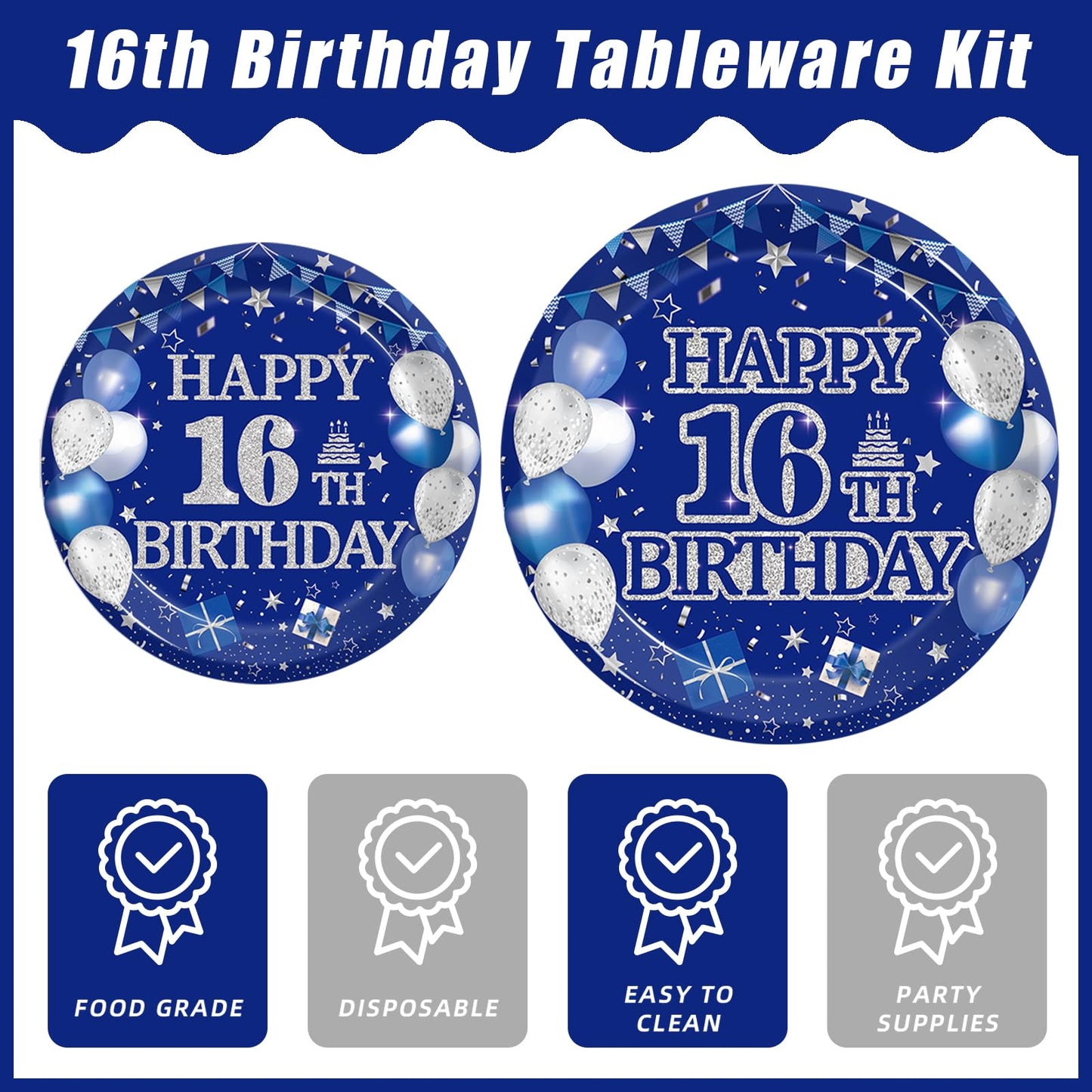 Kepeel 96Pcs 16Th Birthday Party Tableware Set, Blue And Silver Happy 16Th Birthday Party Decorations Supplies For Boys Girls 16