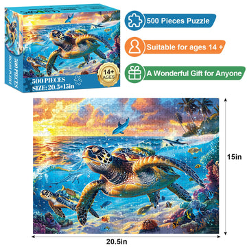 500 Piece Puzzle for Adults-Sea Turtle Puzzle| Recycled Cardboard Jigsaw Puzzles 500 Pieces | Challenging Family Activity Great