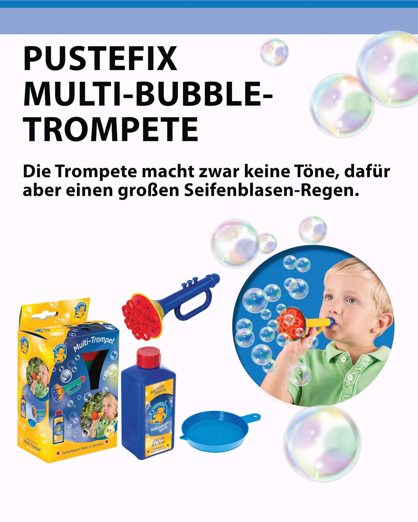 Pustefix Multi Bubble Trumpet Blowing Toy Set - Includes Blower, 8.45 oz Bubbles, Liquid Tray - Multicolor, Model 869-555