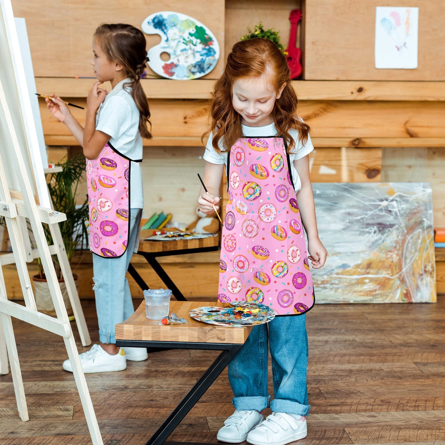 Popologa Kids Apron Doughnuts For Girls Boys Painting Cooking Kitchen Toddler Waterproof Aprons Art Smock Supplies With Pockets-