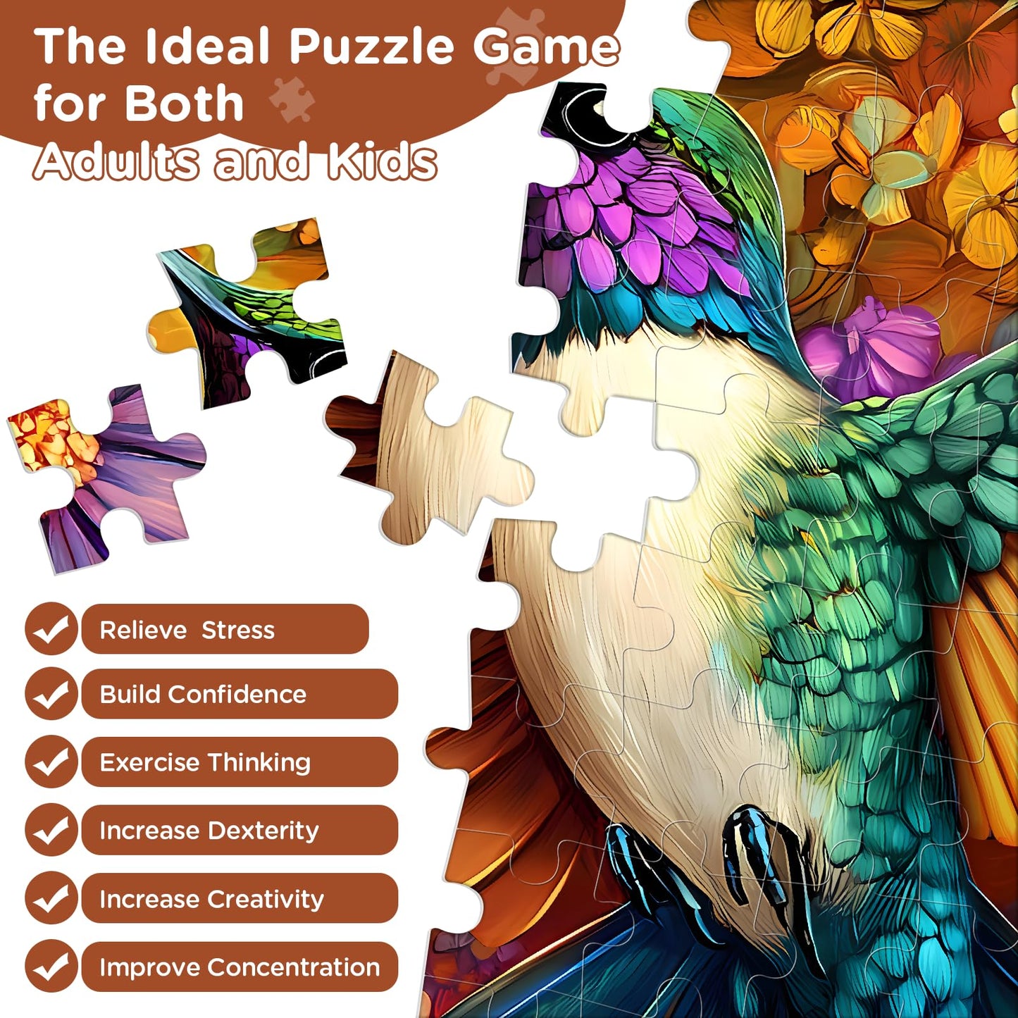 mature-themed Puzzles 300 Pieces Hummingbird Floral Jigsaw Puzzles for Kids mature-themeds Seniors 300 Pieces Glossy Sturdy Vibrant Puzzle 300 Piece Challenging Puzzle Great Gift for Family Friends