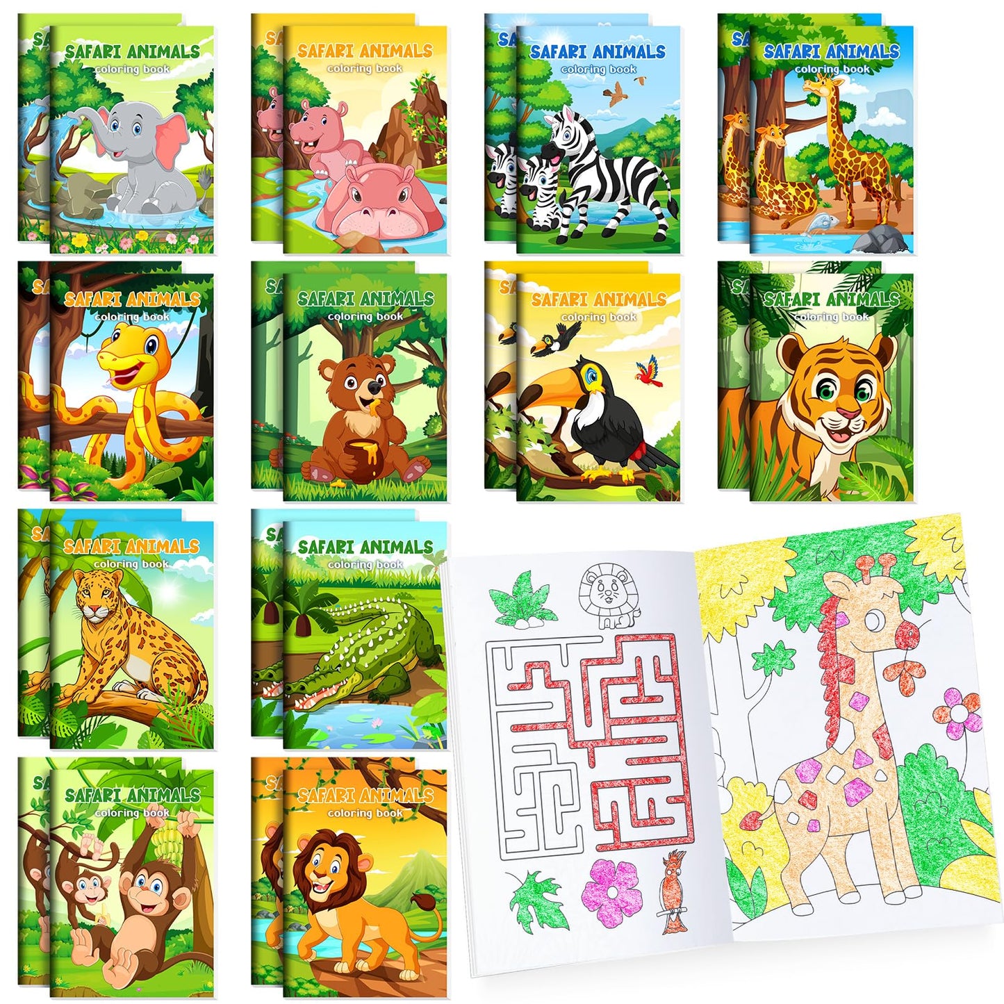 Benlouis 24 Pcs Jungle Safari Animals Mini Coloring Books Safari Zoo Lion Party Favors Small Activity Books Bulk For Kids Wild A