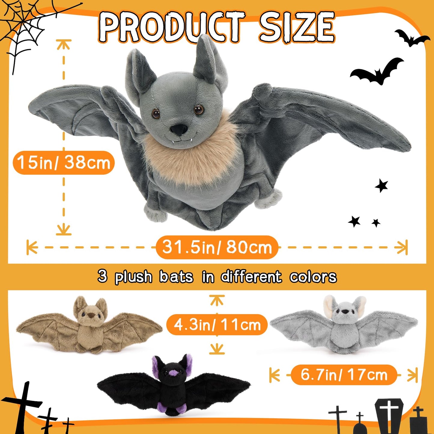 Tezituor Goth Bat Stuffed Animals Set - 32" Gray Plush Toy with 3 Cute Babies, Perfect for Halloween & Christmas Gifts