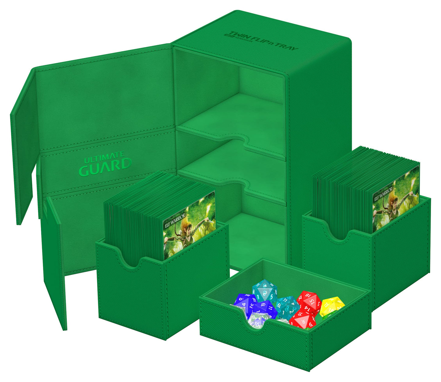 Ultimate Guard Twin Flip'N'Tray 160+, Deck Case For 160 Double-Sleeved Tcg Cards + Dice Tray, Green, Independent Magnetic Closur
