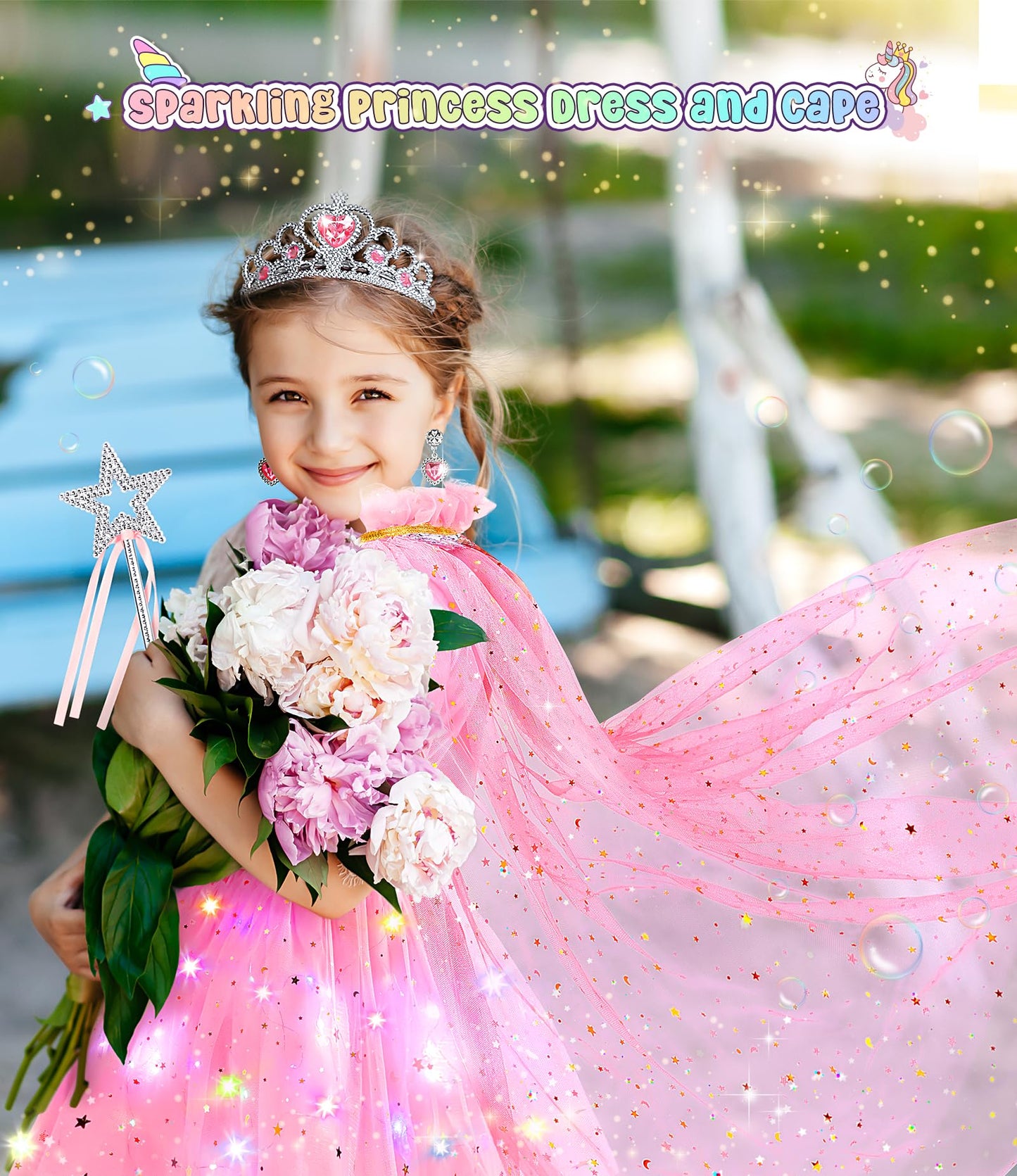Dolnow Princess Dress Up Clothes For Little Girl, Light Up Princess Dresses Princess Cape With Crown Wand Toys For 3-6 Girls Pin