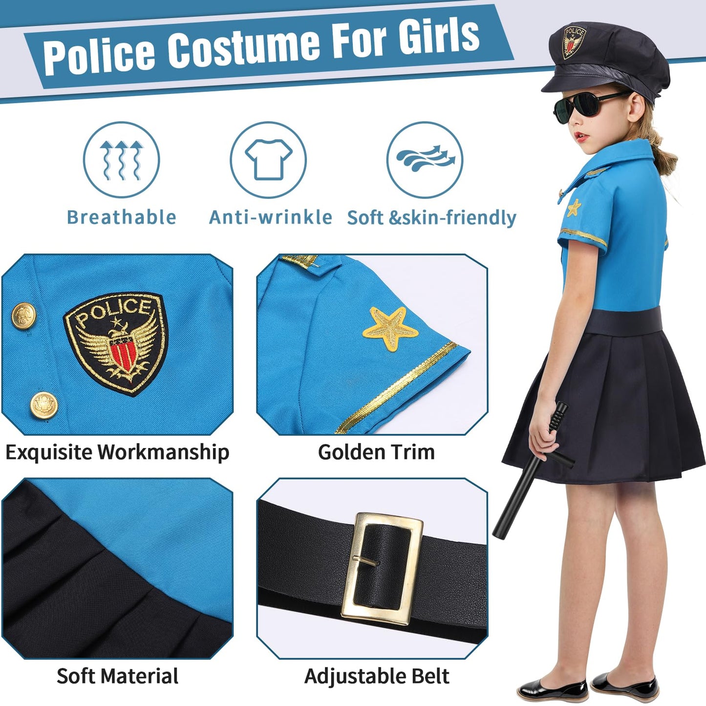 Toylink Girls Police Officer Costume For Kids Halloween Police Dress Up Role Play Cop Costume With Toy Accessories