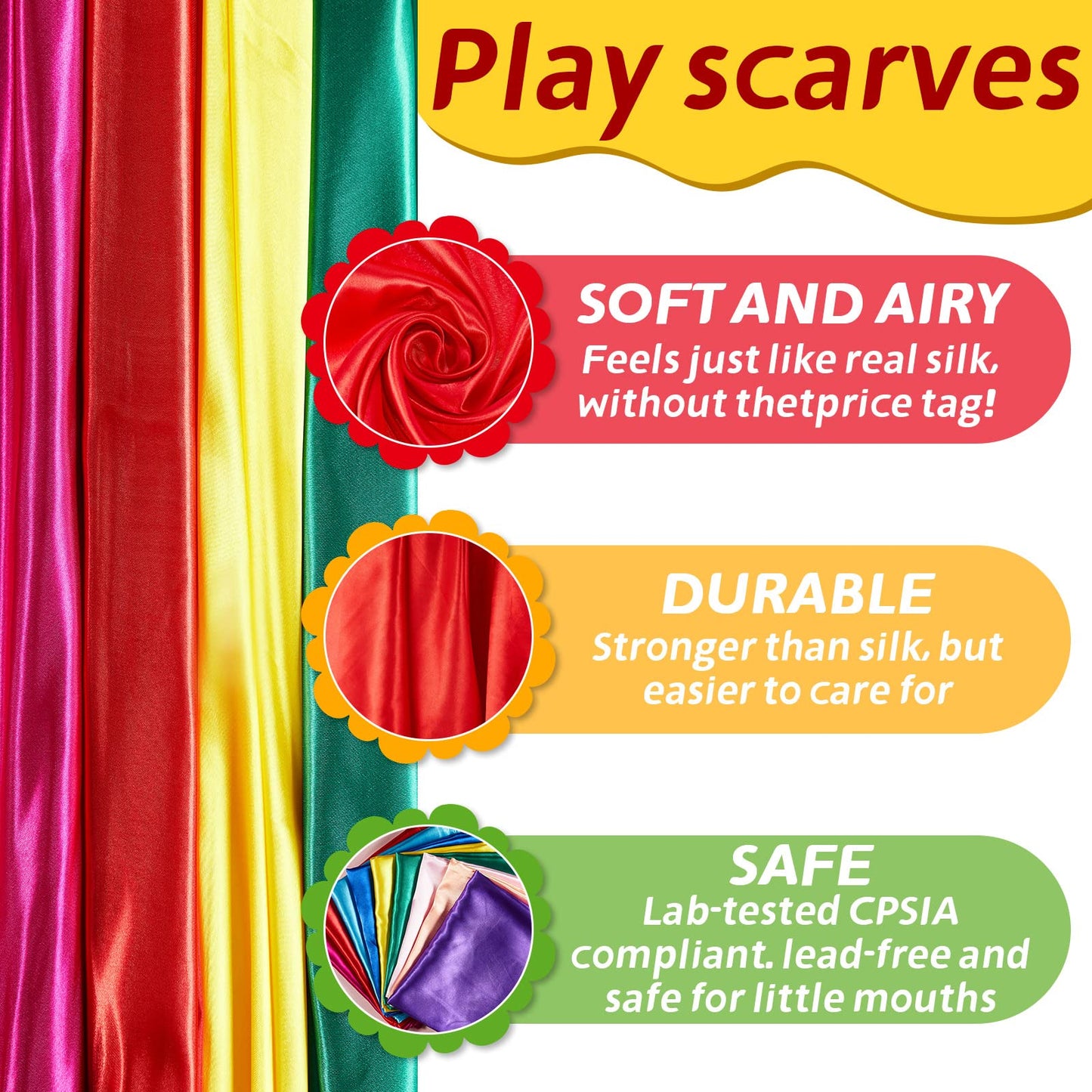 Geyoga 9 Pcs Fabric Play Scarves Rainbow Play Dance Scarves Creative Pretend Juggling Dress 35 X 35 Inch(Classic Colors)