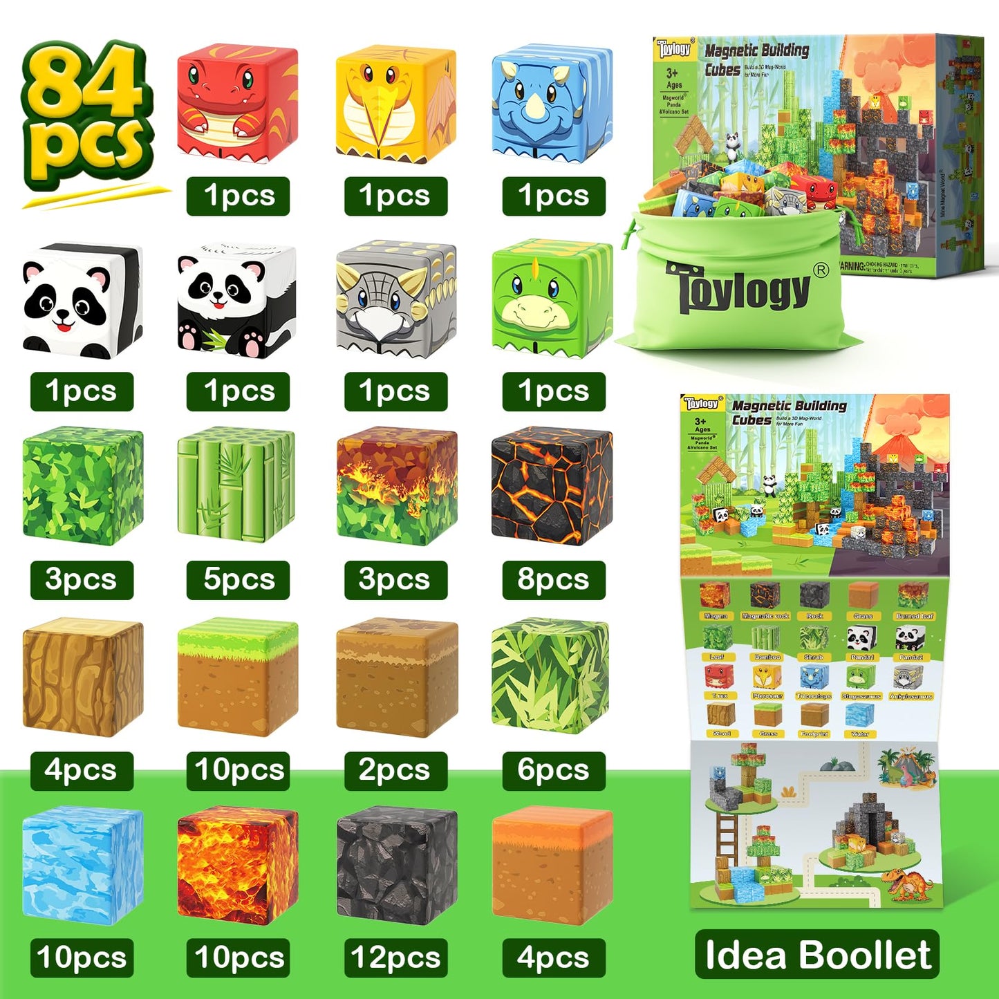 Magnetic Blocks-Build Mine Magnet World Dinosaur Panda Toys Kids Games, Toddler Stem Educational Sensory Dino Toys For Kids 3-5