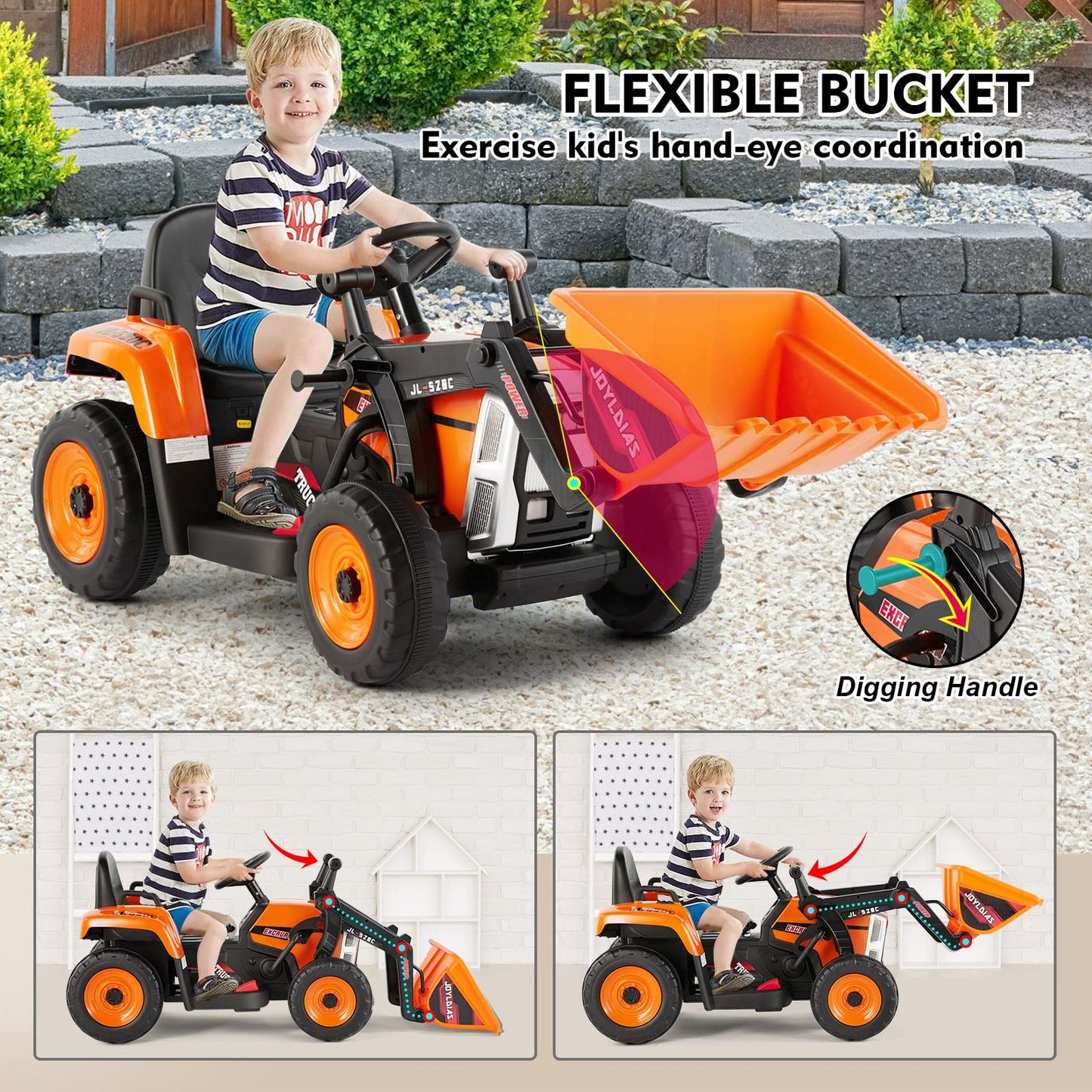 Joyldias 12V Ride On Excavator With 2.4Ghz Remote Control, Electric Construction Vehicle Bulldozer For Kids Digger With 3 Speeds, Bluetooth, Microphone Jack, Music, Lights, Orange