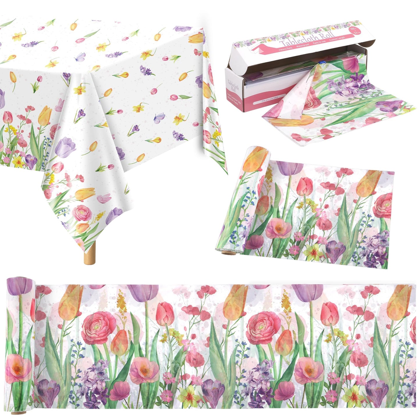 Kochorie 100 Ft x 54 Inch Spring Flower Tulip Tablecloth Roll Plastic Floral Disposable Table Cover Butterfly Wildflower Themed