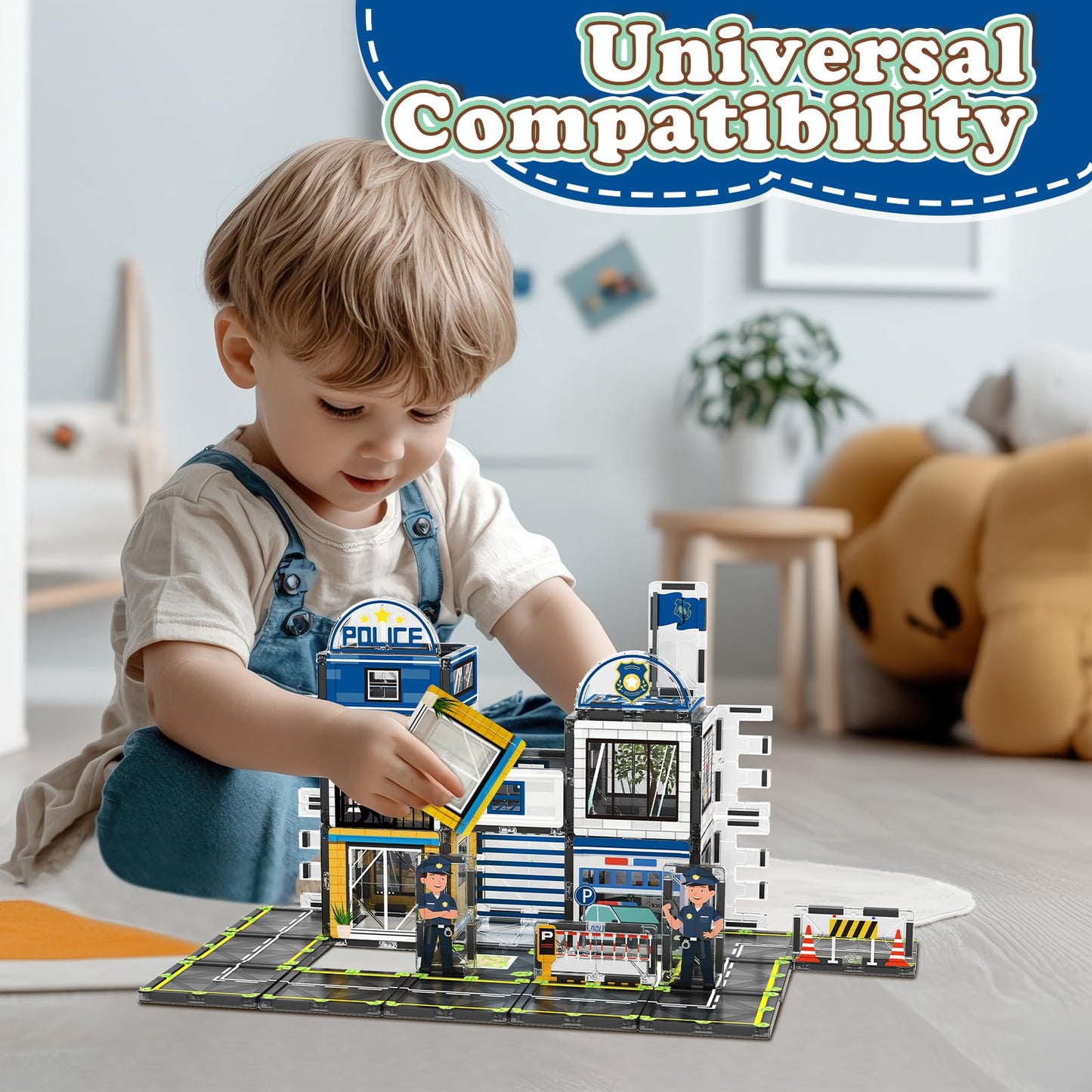 AFUNX Magnetic Tiles, 50PCS Police Station Theme Building Blocks Set, Magnet Building Blocks and STEM Preschool Toys for Toddler