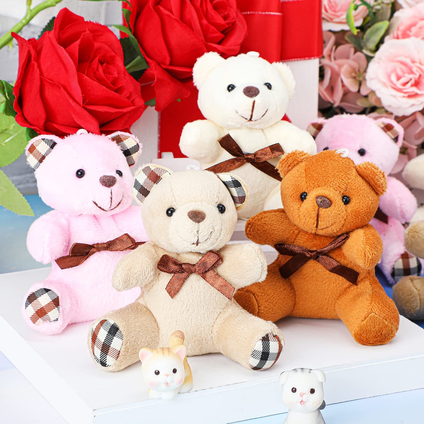 Skylety 16 Pcs Mini Plush Bear Bulk 4 Inch Bear Stuffed Animal Toy Doll Small Soft Keychain For Birthday Baby Shower Wedding Party Favor Decor(Light Brown, Dark Brown, Pink, Beige)