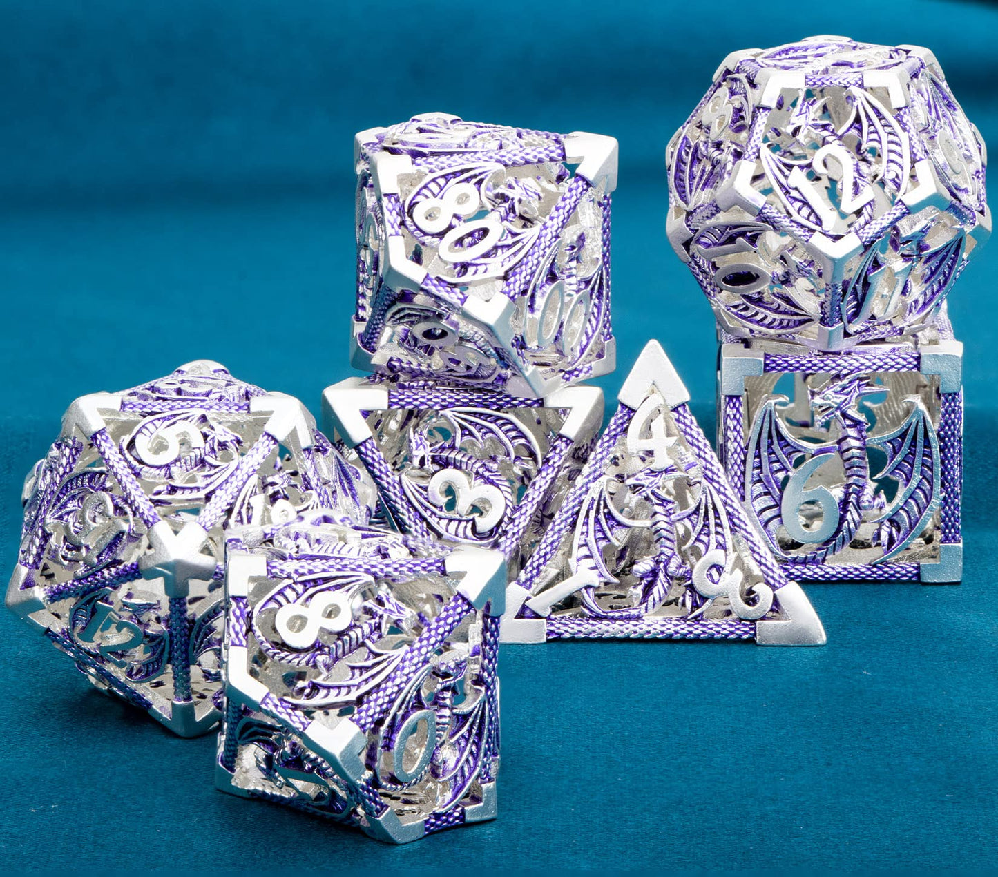 ARUOHHA Hollow DND Metal Dice Set Purple Dungeons and Dragons Dice with Gift Box, Large Role Playing Games Dice 7PCS D+D Polyhed