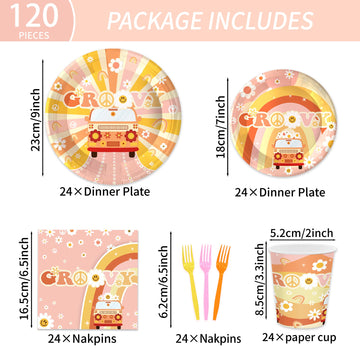 Oigco 120Pcs Groovy Birthday Party Supplies Hippie Boho Plates Napkins Cups Retro Daisy Flower 60'S Style Party Supplies For Gir
