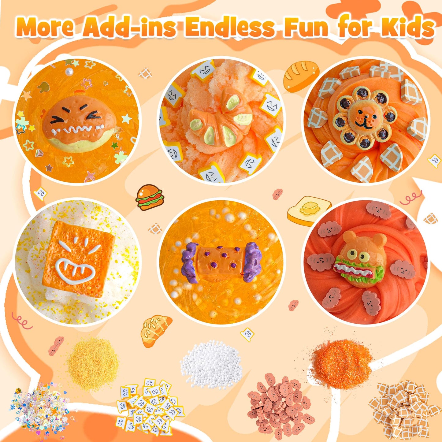 6 Packs Gradient Orange Slime Kit - Cloud Slime, Butter Slime & Clear Slime, Crunchy Slime For Kids With Various Slime Add-Ins, Non Stick Slime Party Favors For Girls And Boys, 360Ml Kids Slime(Bread)