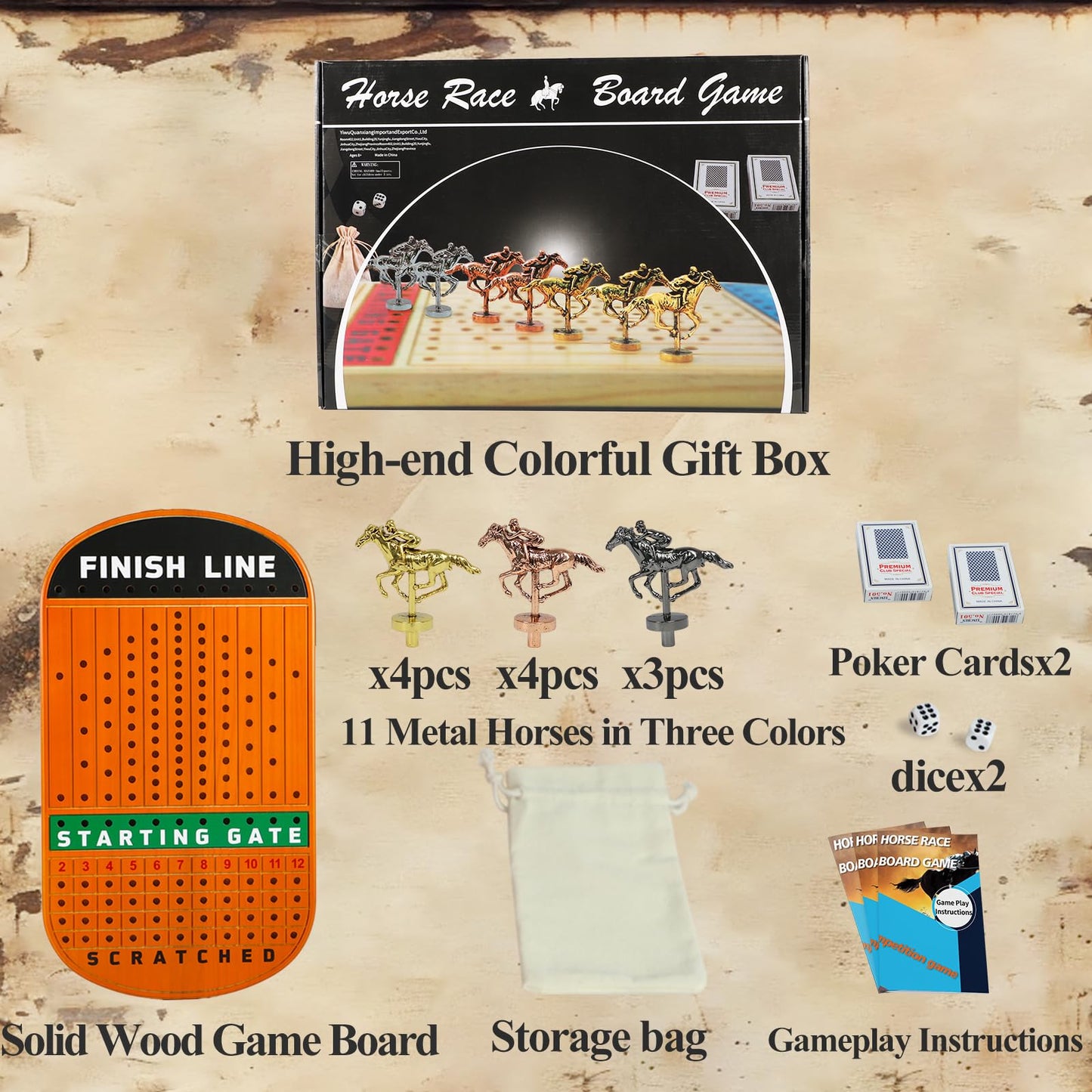 Horow Large 21 Inches Horse Racing Board Game Thicken Wood Horse Race Card And Dice Board Game Luxury Edition Set With 11 Metal