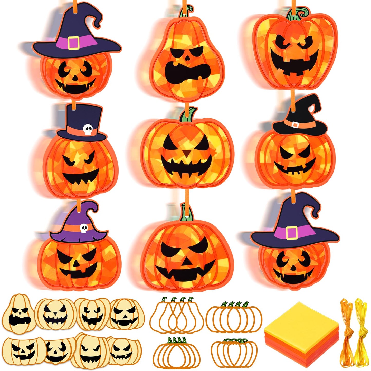 Tinlade 32 Sets Halloween Suncatcher Crafts Kit Pumpkin Suncatcher Paper Crafts with Tissue Paper DIY Window Stained Glass Effec