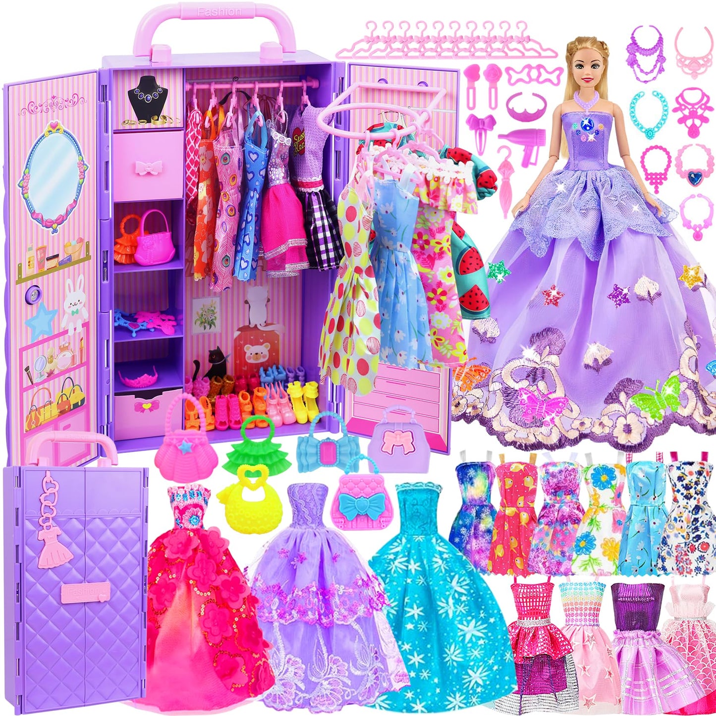 Ecore Fun 108 Pcs Doll Clothes And Accessories With Purple Doll Closet For 11.5 Inch Doll, Girl Doll Dress Up Including Party Dresses Fashion Dress Outfits Swimsuits Shoes Hangers Bags Necklaces