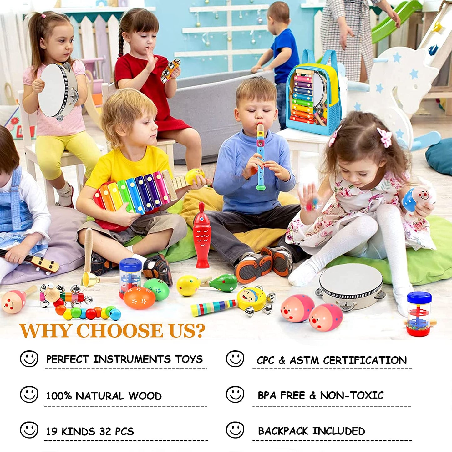 Gouezcc Toddler Musical Instruments Set, 32 Pcs 19 Kinds Wooden Percussion Instruments Toys For Kids Playing Preschool Education
