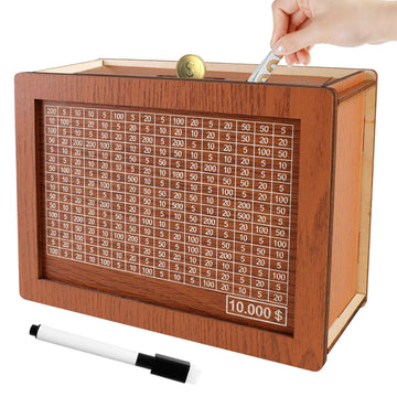 Generic Cash Vault Wooden Savings Box, Wooden Money Saving Box, Piggy Bank For Adults, Coin Counter Money Box With Money Target And Numbers, With Pen (10000$), Brown