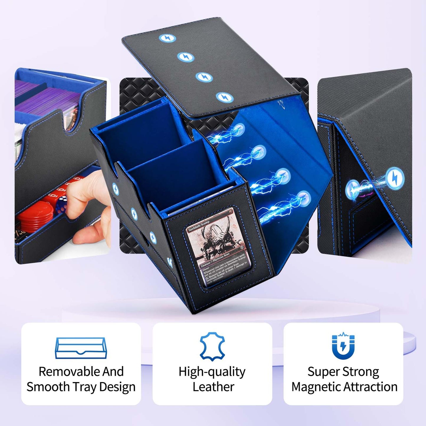 Uaono Card Deck Box For Mtg, Double Card Storage Box With 2 Commander Display & 1 Dice Tray, Fits 200+ Double Sleeved Cards, Card Organizer For Ccg Tcg Sports Cards (Black Blue)