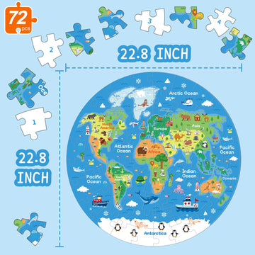 72 Piece World Map Jigsaw Puzzle For Kids 3-5, 4-6 Globe Round Floor Puzzles Geography Educational Birthday Gifts Learning Resou