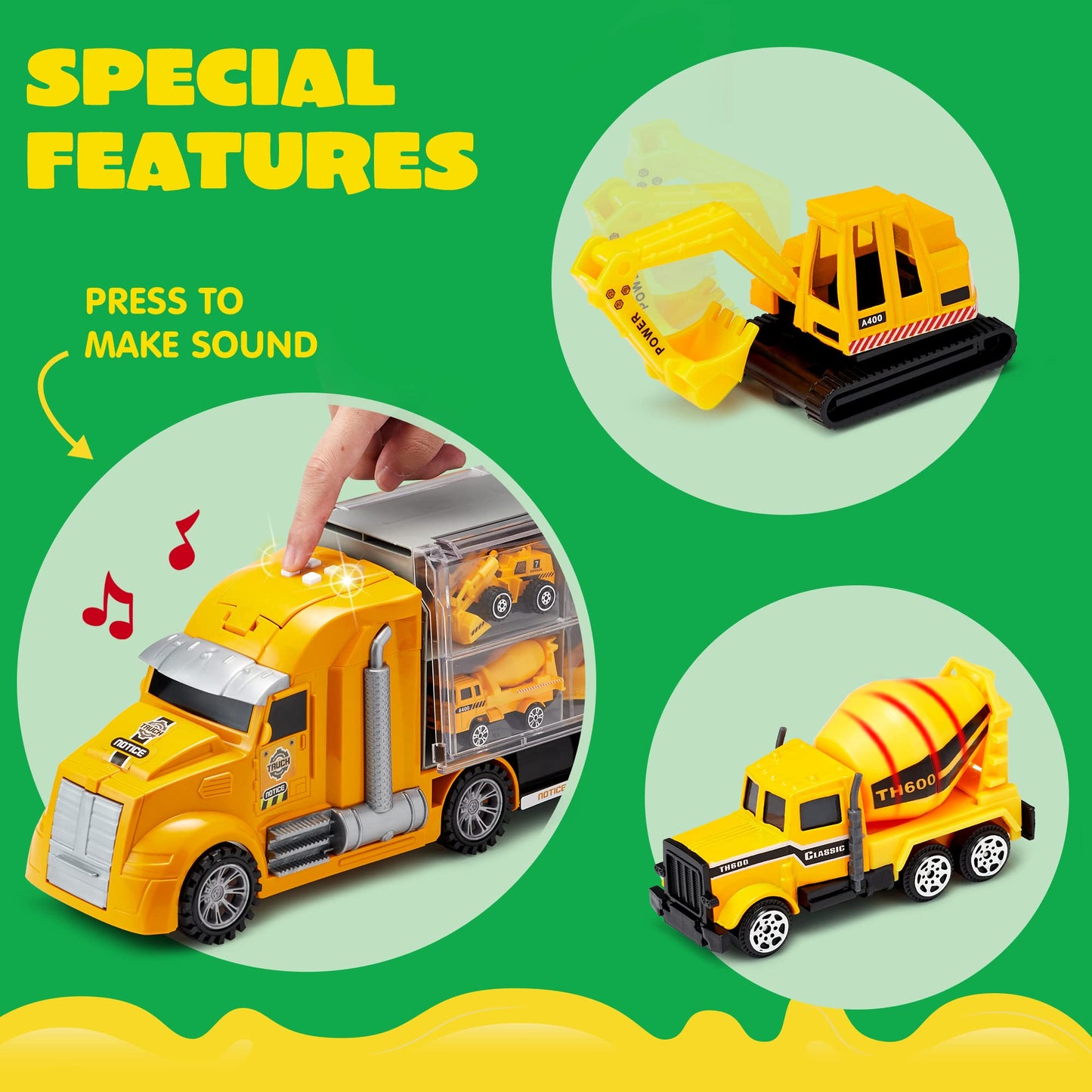 JOYIN 25 in 1 Construction Truck Vehicle Toy Set, Play Vehicles Set with Sounds and Lights in Carrier Truck, Push and Go Vehicle