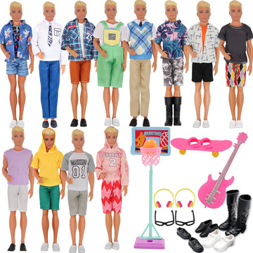 Eutenghao 44Pcs Doll Clothes And Accessories For 12 Inch Boy Dolls Include 27 Different Shirt Jeans Wear Trousers Pants For 12'' Boy Doll Basketball Stands Skateboard Sprots Style Accessories
