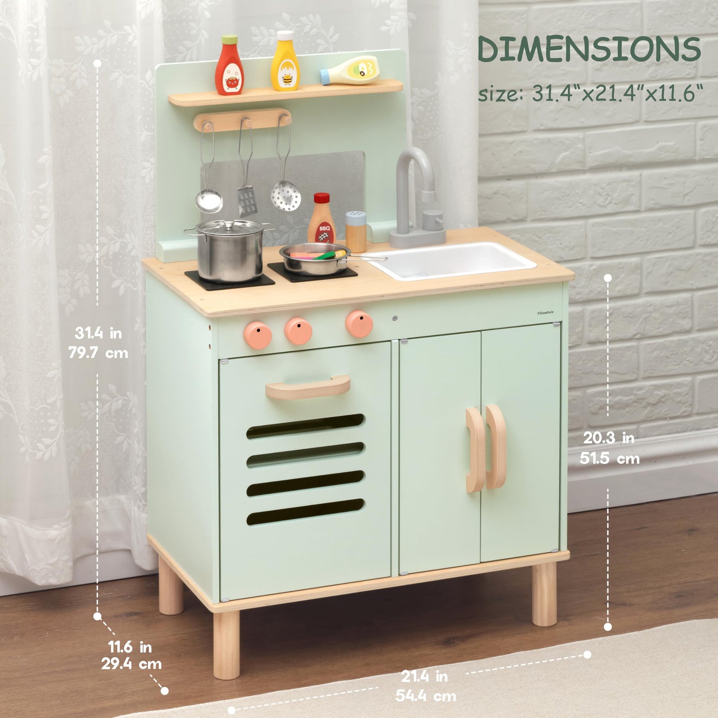 Pillowhale Wooden Play Kitchen Set, Mint Green Stove & Sink with 5 Stainless Steel Tools, Click Knobs, Storage Cabinets, Montess