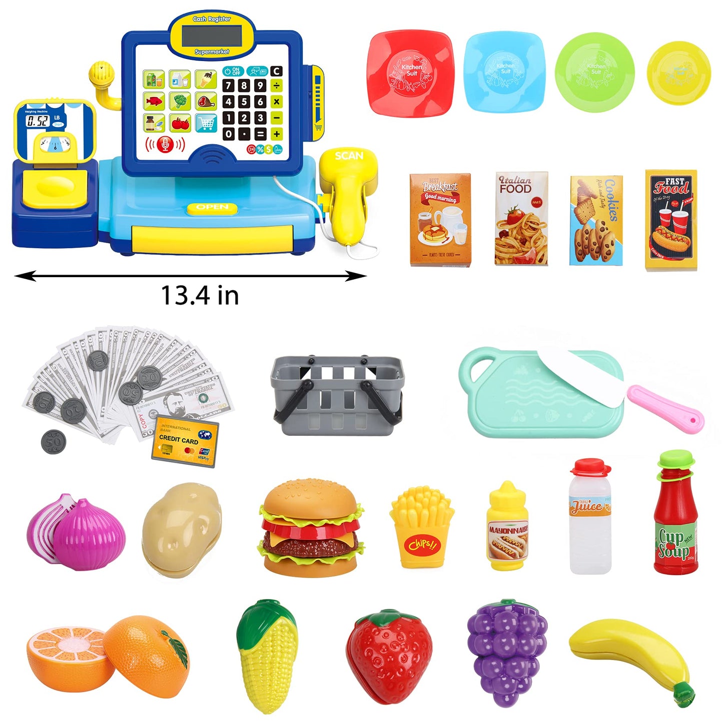 SUPERHIGH Cash Register for Kids - Blue & Yellow Toy with Scanner, Cuttable Food, Microphone - Perfect Gift for Toddlers 3-8 Years
