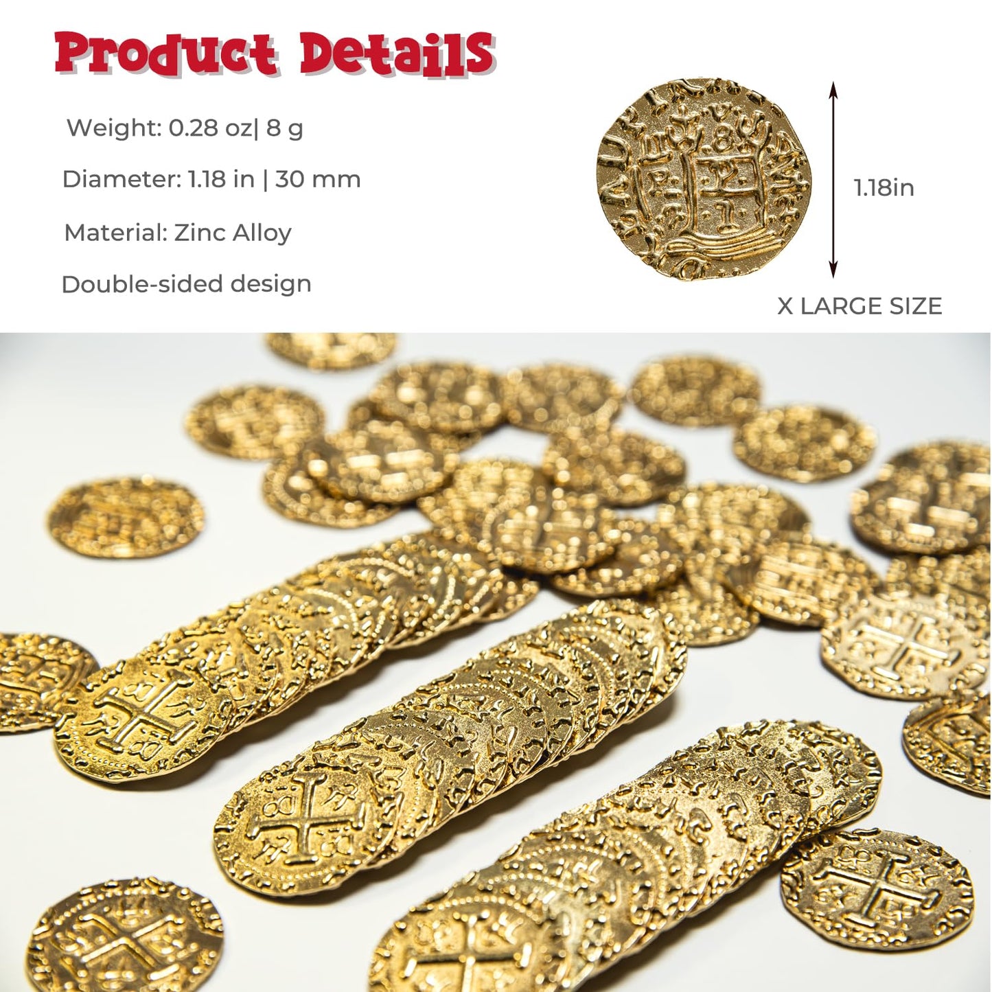 Prefdo Metal Pirate Coins, 50PCS X Large Gold Treasure Coin Set Spanish Doubloon Replicas Fantasy Metal Coins Pirate Gold Coins
