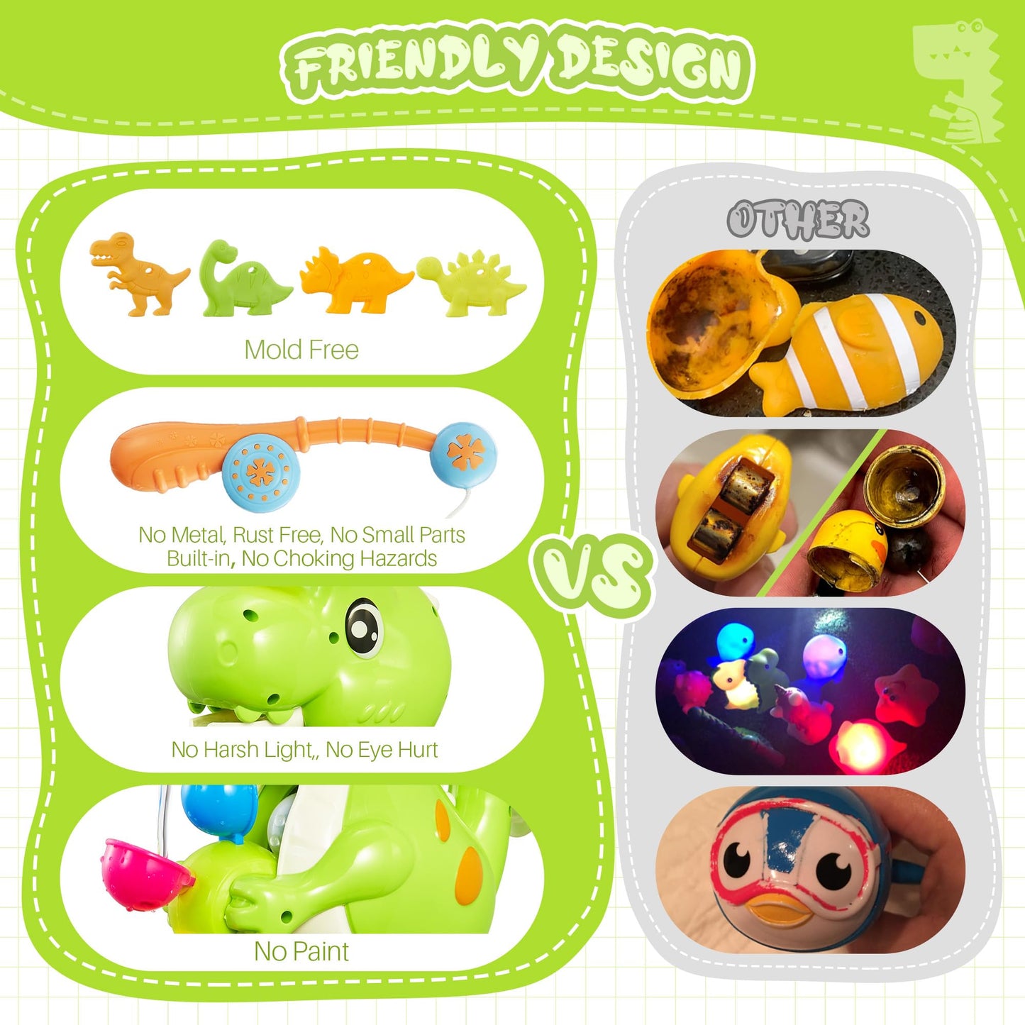 Ekueasyku Dinosaur Bath Toys For Kids Ages 1-3 2-4 4-8 Toddler Bath Toys Whirling Waterfall Water Toys Fishing Games Bathtub Bat