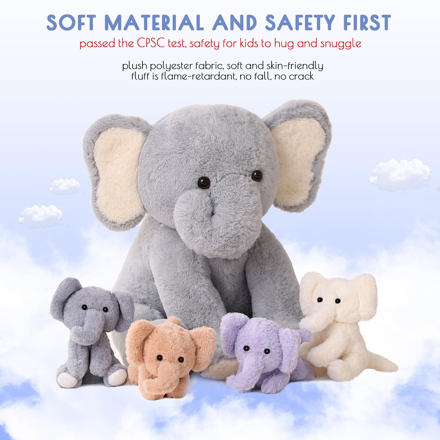 5 Pieces Elephant Stuffed Animals For Girls,1 Mommy Elephant With 4 Babies,Plush Elephant Stuffed Toy Gifts For Kids 3 4 5 6 7 8