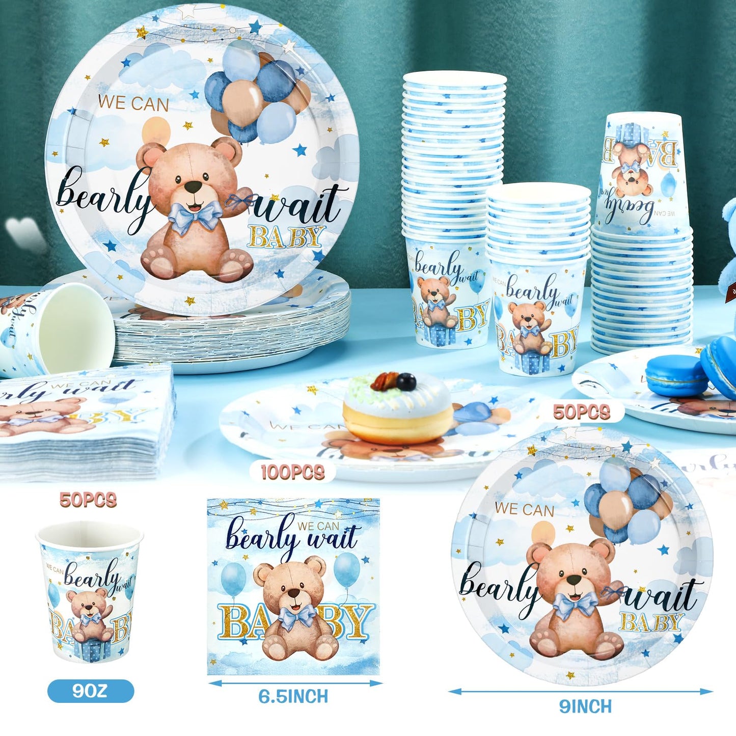Hushee 200 Pcs Blue Bear Baby Shower Paper Plates Napkins Cups Baby Shower Party Supplies Tableware Set Bear Theme Disposable Cu