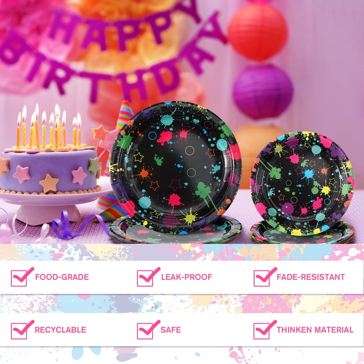 Spiareal 100 Pcs Glow Party Supplies Neon Party Plates Napkins Tableware Neon Glow Birthday Colorful Graffiti Party Decoration F